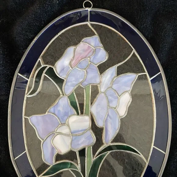 Vintage Handcrafted Large Stained Glass Suncatcher With Iris Flowers. No Cracks! - Picture 8 of 8